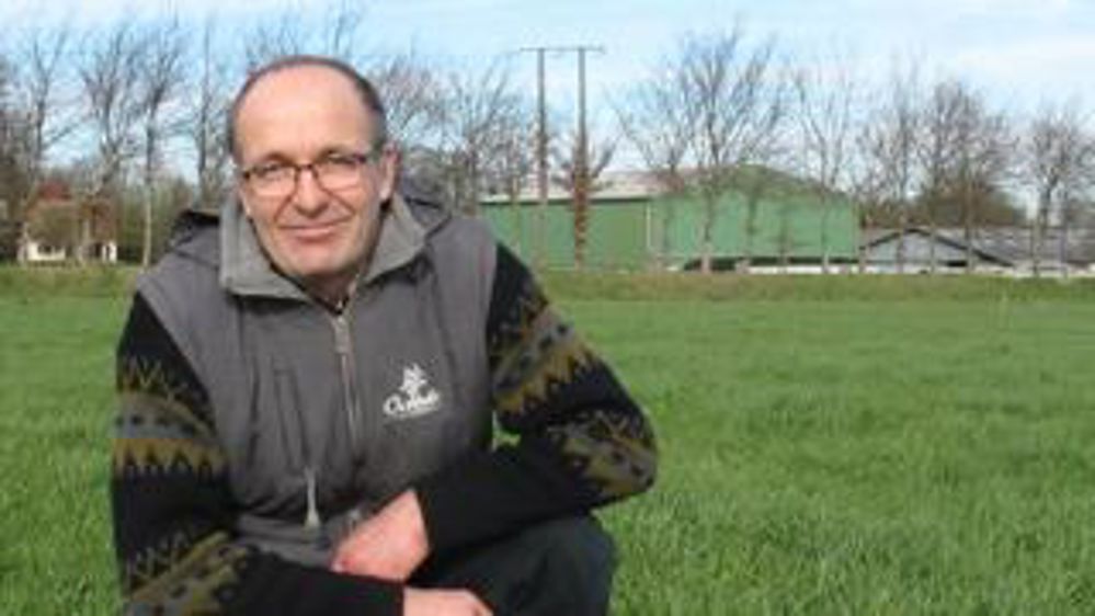 L’atout de la précocité. À gauche, Régis Leborgne dans une prairie de ray-grass anglais-trèfle blanc destinée au pâturage, fin février. À droite, à la même date, la hauteur d’herbe offerte par le mélange suisse de courte durée.